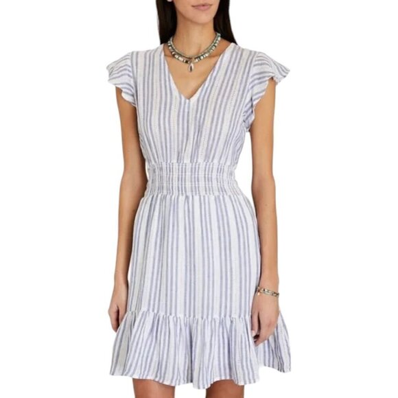 Rails Tara Blue Catalina Stripe Linen Blend Dress Short Sleeves Mini
